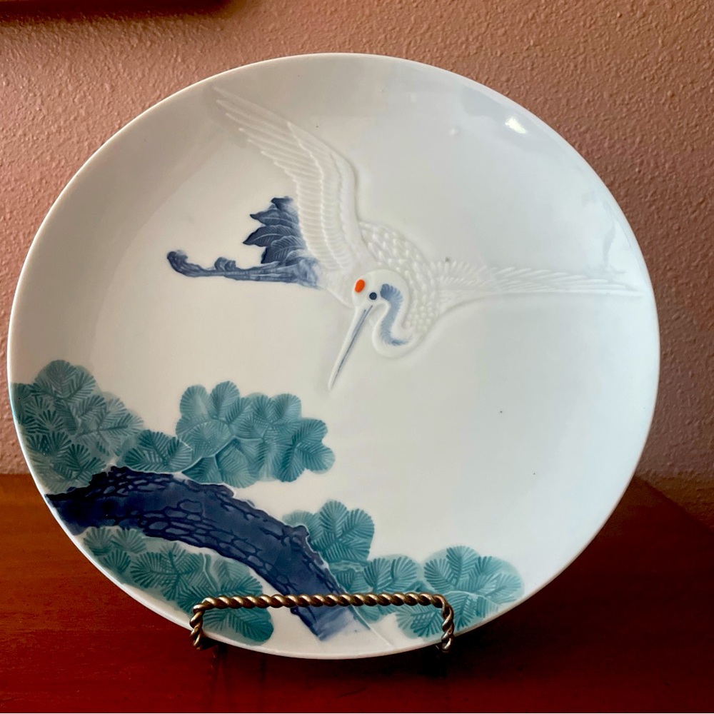Antique Japanese Crane Celadon Plate
